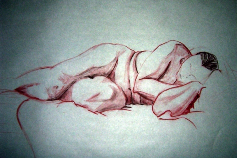 Exercise: Figure Study2 ~ 18” x 24” Conte Crayon Illustration on Newsprint - Fall 2003 - Lansing Community College, Lansing, MI