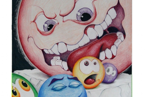 Exercise: Mad Balls - Figure Study - 18” x 24” Colored Pencil Illustration - Spring 2005 - Lansing Community College, Lansing, MI