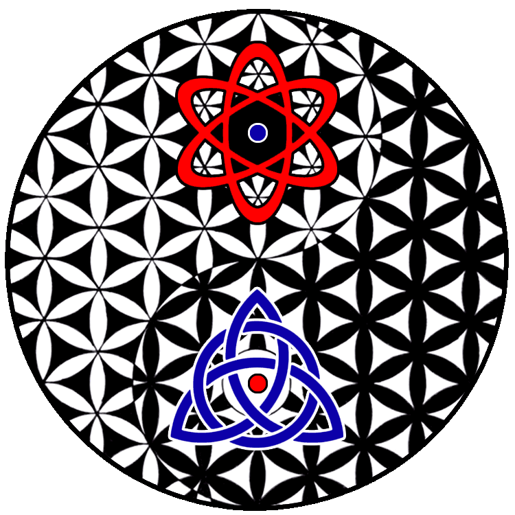 This image depicts another version of the Flower of Life. This time, the pattern is merged with a Yin-Yang symbol. Additionally, the two inner circles of the Yin-Yang have been modified; one is now the archetypal—if inaccurate—sixfold symbol often used to depict an atom, and the other circle has been turned into a triangular, Celtic knot, known as a Triquetra. The Triquetra clearly shows a similar geometric pattern as the overlapping circles of the Flower of Life.