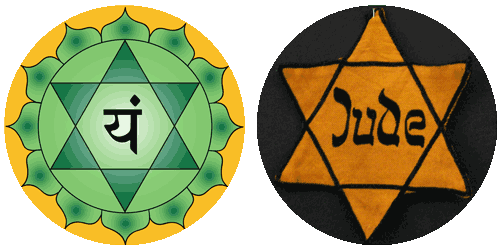 This image shows the heart chakra of eastern traditions alongside the Star of David from Jewish scripture. Both have a hexagram as their geometric structure.