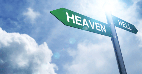 An image of a street sign, with the sky in the background. The sign has one arrow that reads, "Heaven," and another, pointing in the opposite direction, which reads, "Hell."