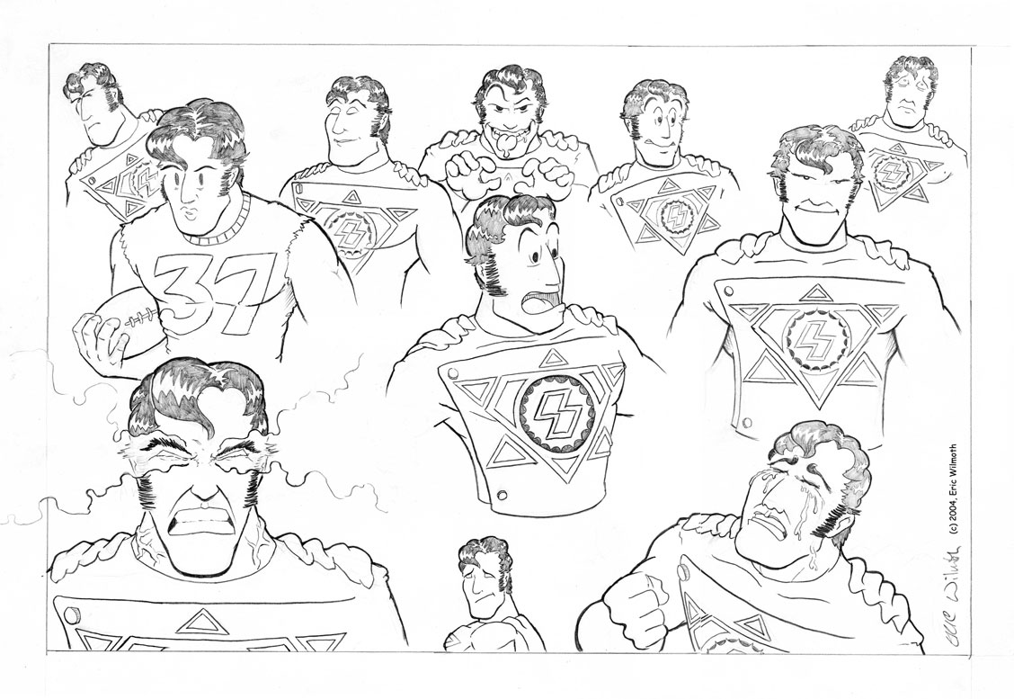 Personal: World’s Ginchiest, Solar Powered Man ~ Character Expressions ~ Pencil Illustration ~ Spring 2004