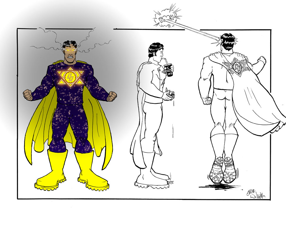 Personal: World’s Ginchiest, Solar Powered Man ~ Character Turnarounds ~ Pencil & Ink Illustration + Digital Colors ~ Spring 2004