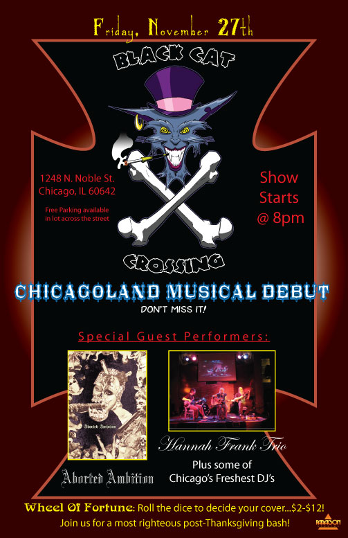 Client: Black Cat Crossing – Cat Cave Productions - Concert Poster ~ Illustration + Adobe Illustrator ~ 4/1010 ~ Chicago, IL